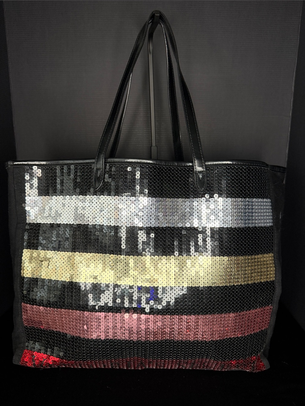 Victoria's Secret Black Sequin Tote with Silver, Gold, Pink & Red Stripes